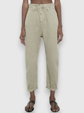 Zara baggy fit paper bag denim pants khaki green women's size 2 NWT